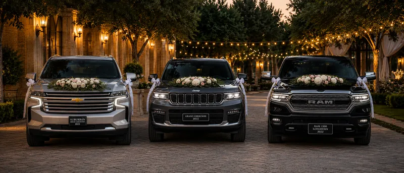Suburban High Country, Grand Cherokee y RAM 1500 Long Horn decoradas para boda